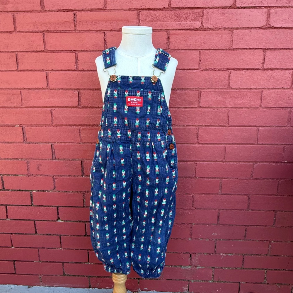 Vtg Oshkosh B'gosh Vestbak Overalls Size 4T Blue Christmas Toy Soldiers USA